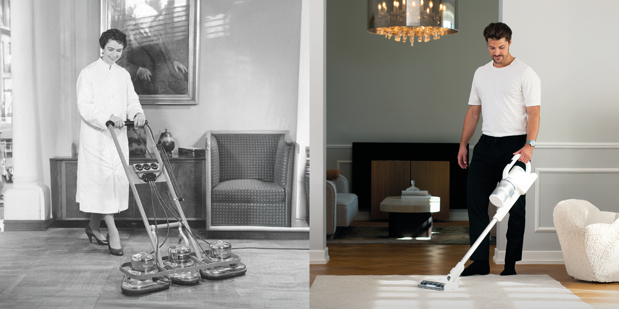 Split image: vintage woman using old Nilfisk vacuum, modern man with sleek cordless model, showcasing 120 years of cleaning innovation.