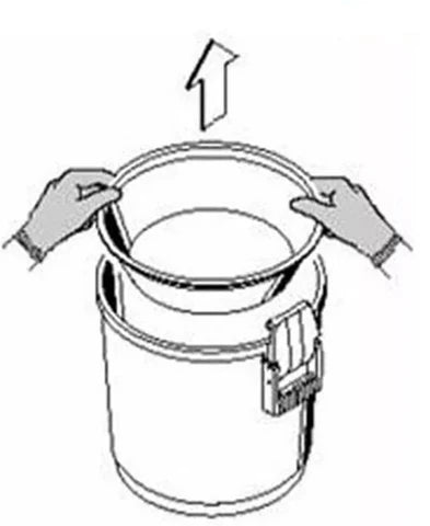 Hands lifting a bucket lid with upward arrow, demonstrating seal check for plumbing system integrity.