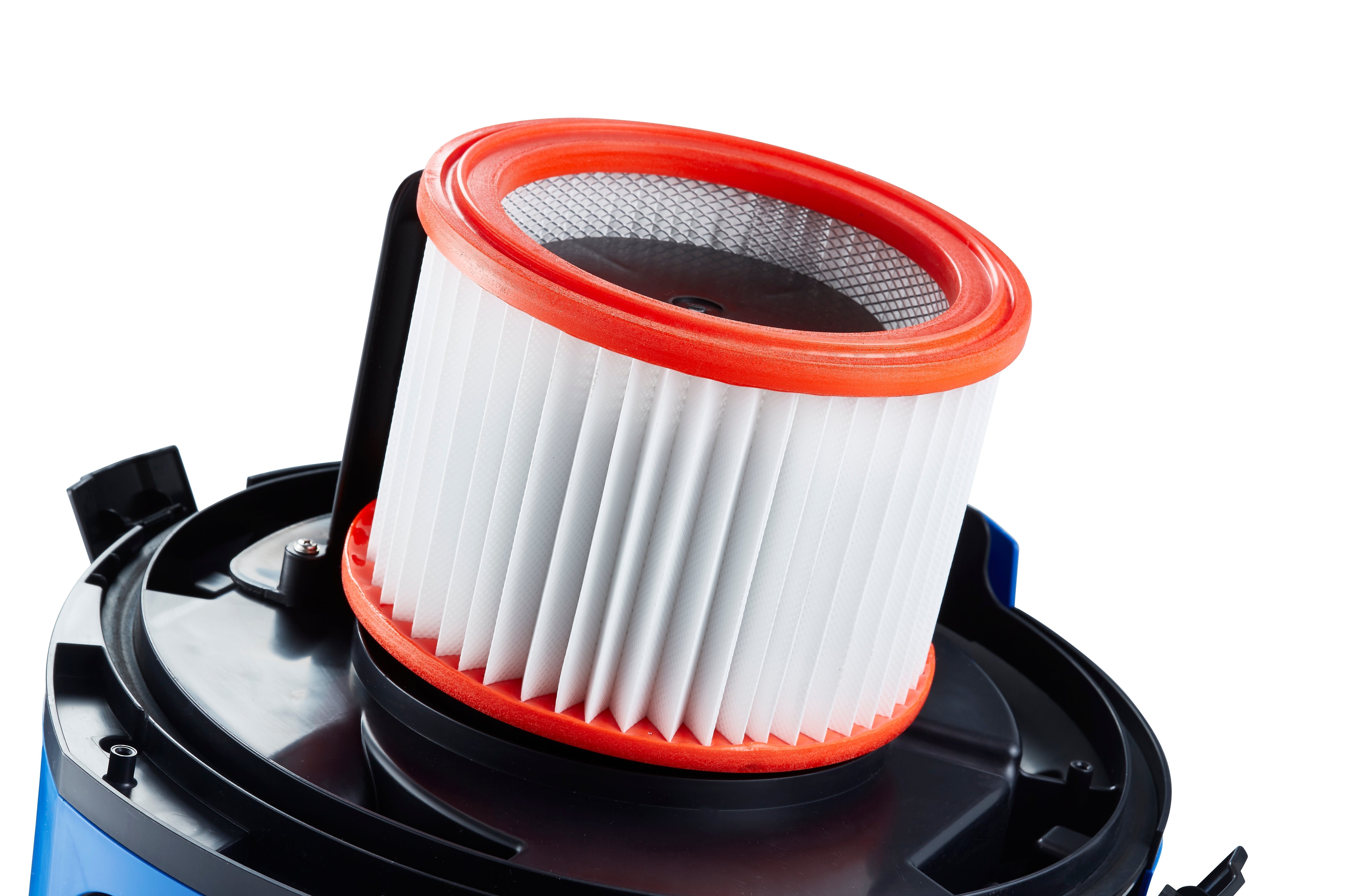 White pleated filter with orange rim installed in blue and black wet-dry vacuum cleaner.