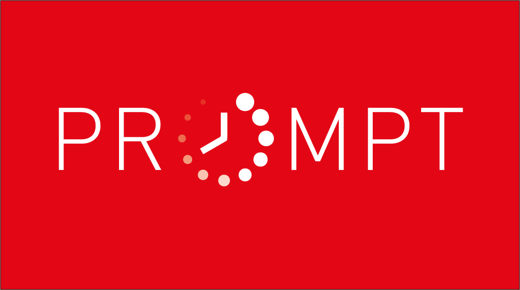 Bold white "PRoMPT" logo on vibrant red background with dotted circular design between letters.
