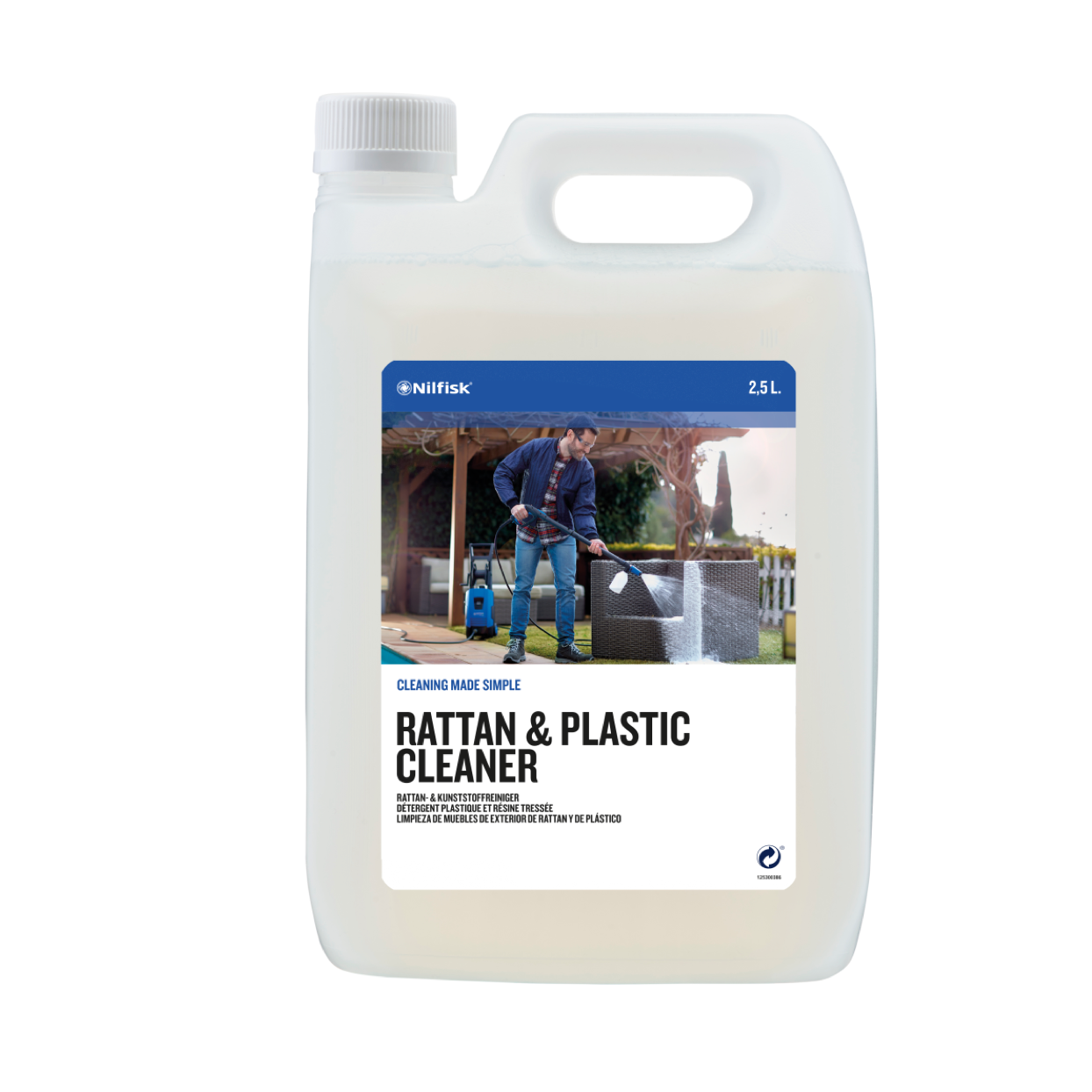 Rattan and plastic cleaner by Nilfisk, in a translucent jug with a handle, showing an image of outdoor furniture being cleaned.

