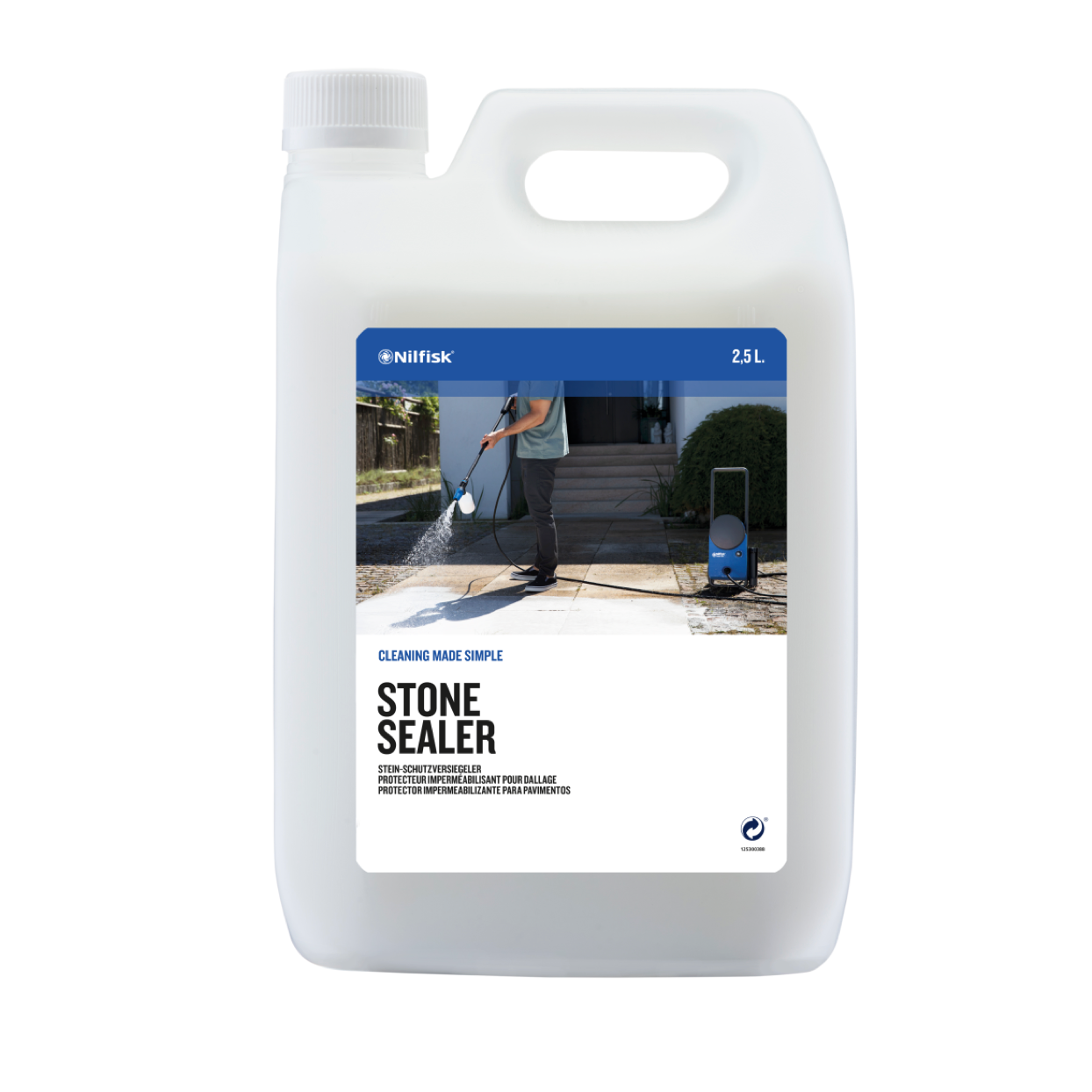 Stone sealer by Nilfisk, shown in a white plastic container with a blue label, for use with pressure washers.
