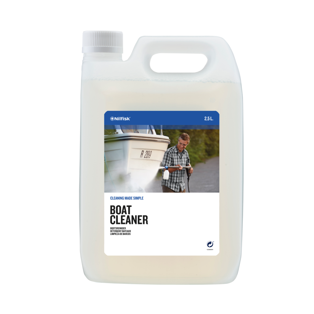Boat cleaner by Nilfisk, in a transparent plastic container showing the liquid level.