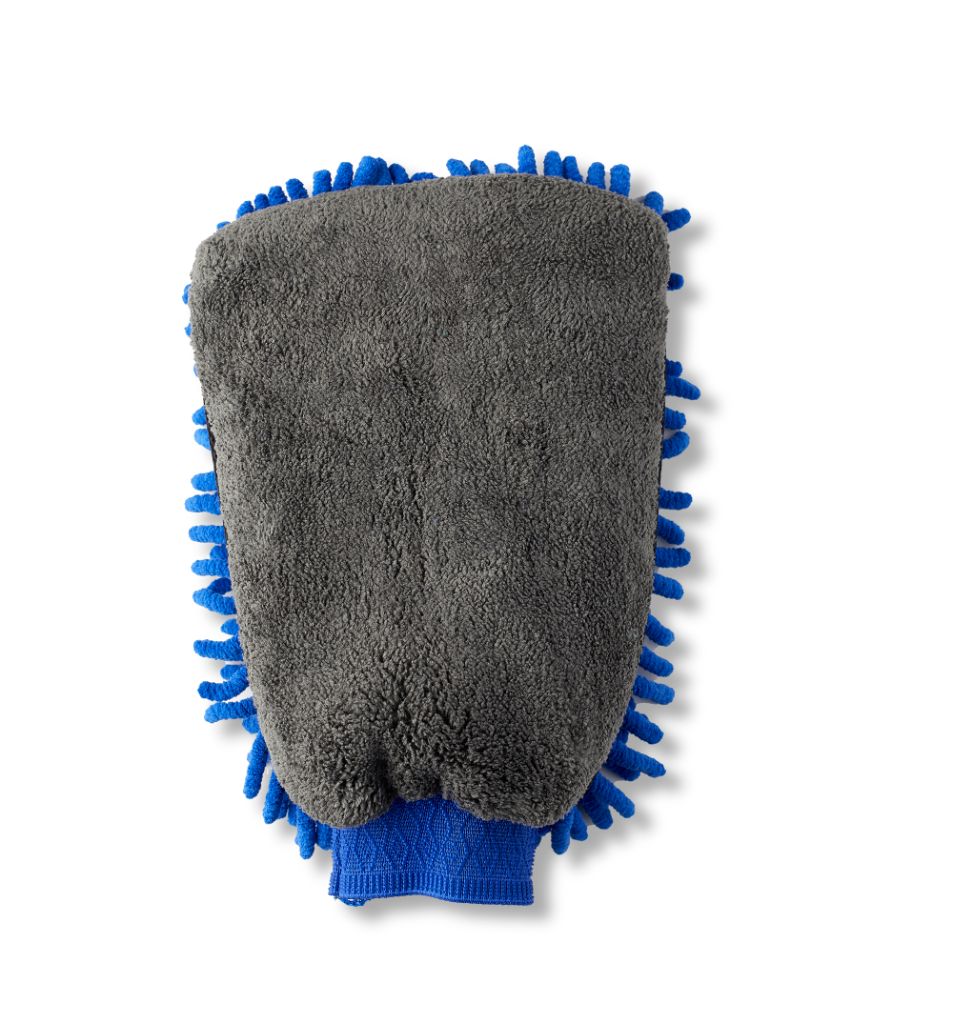 Gray washing glove from UK Washing Glove featuring blue microfiber tendrils and knitted cuff.
