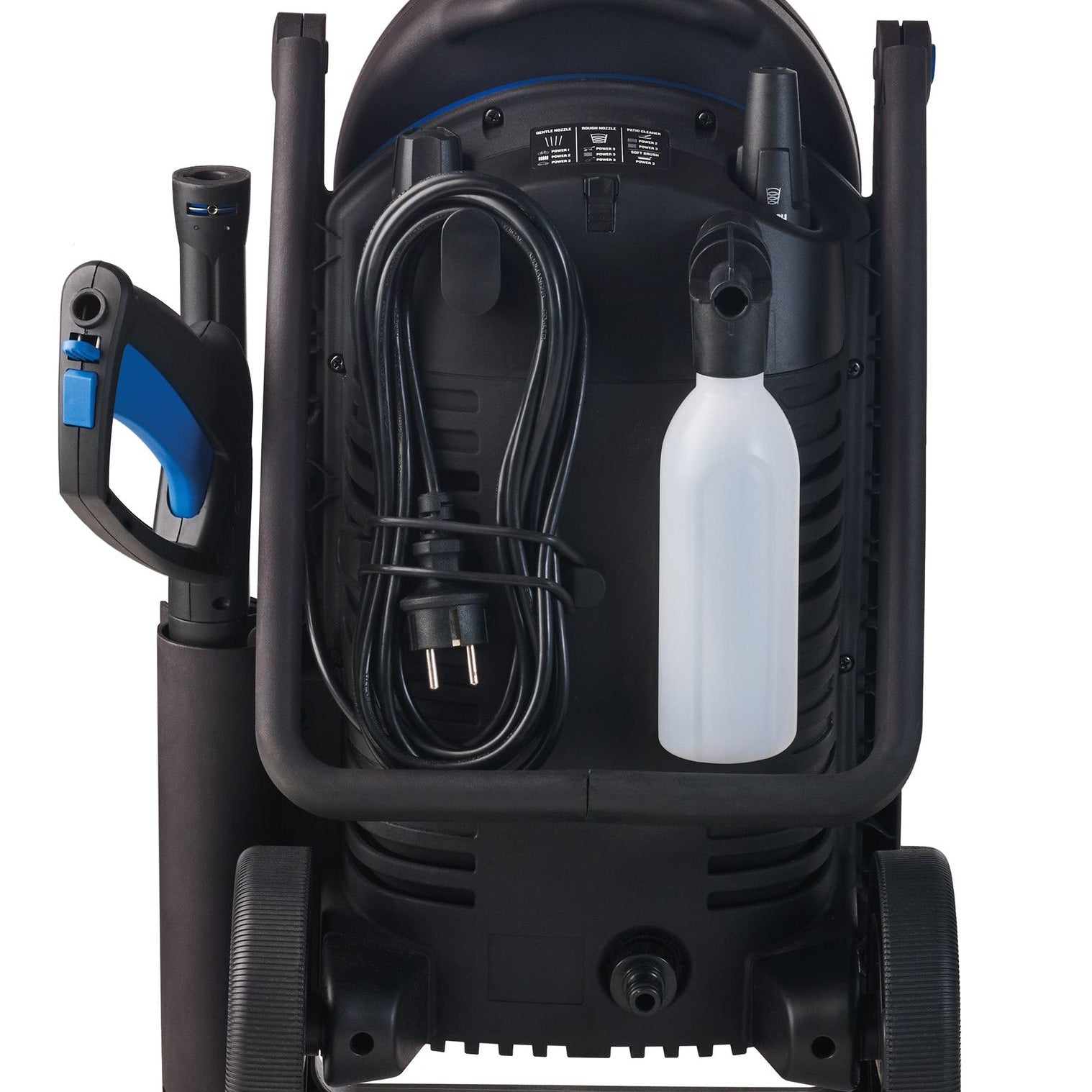 Black pressure washer by Nilfisk, shown from the back with hose, trigger gun, detergent bottle and power cord.