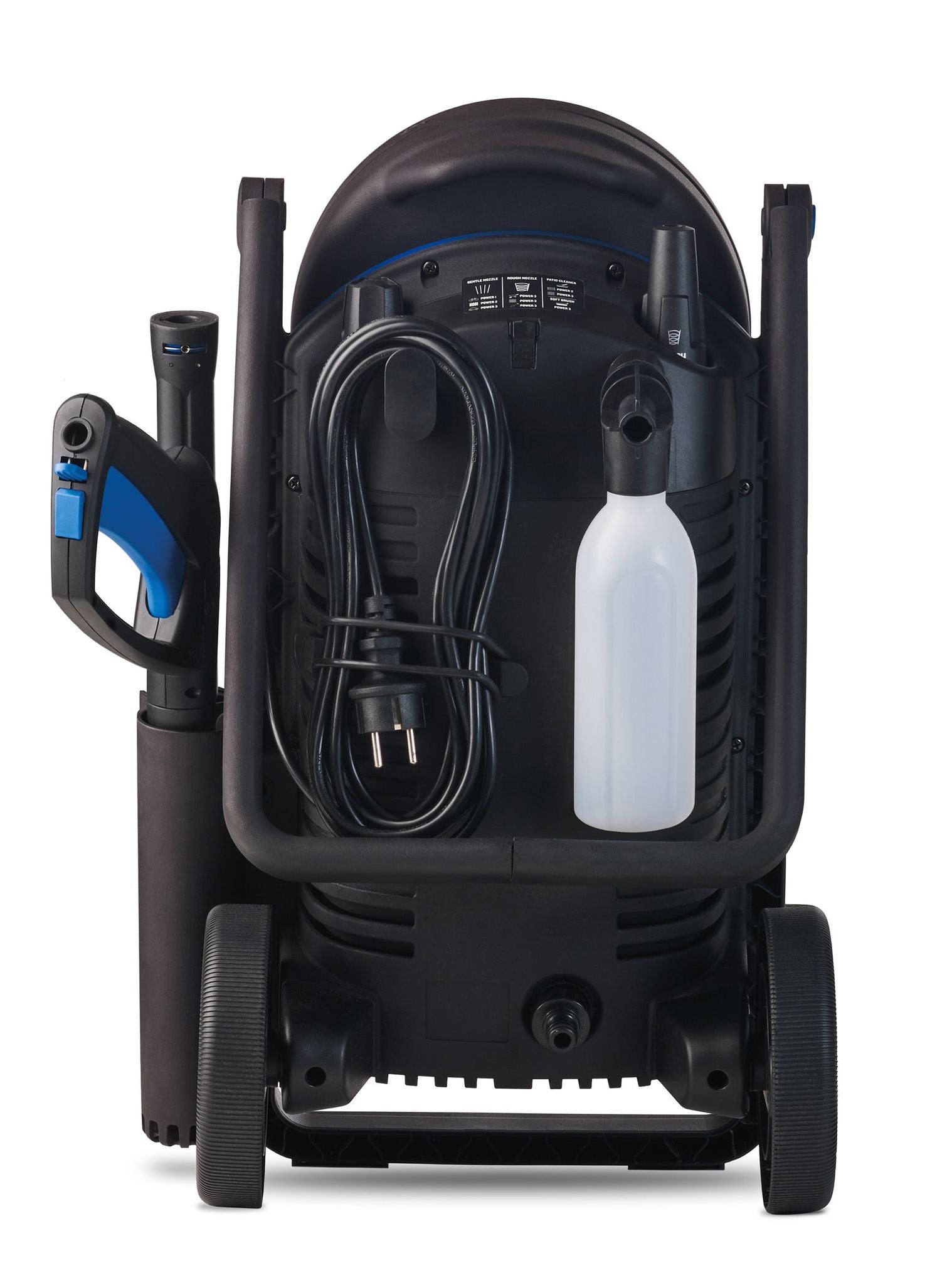 Black pressure washer by Nilfisk, shown from the back with hose, trigger gun, detergent bottle and power cord.