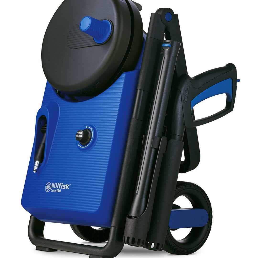 Blue high-pressure washer with black components by Nilfisk featuring compact design and wheels.