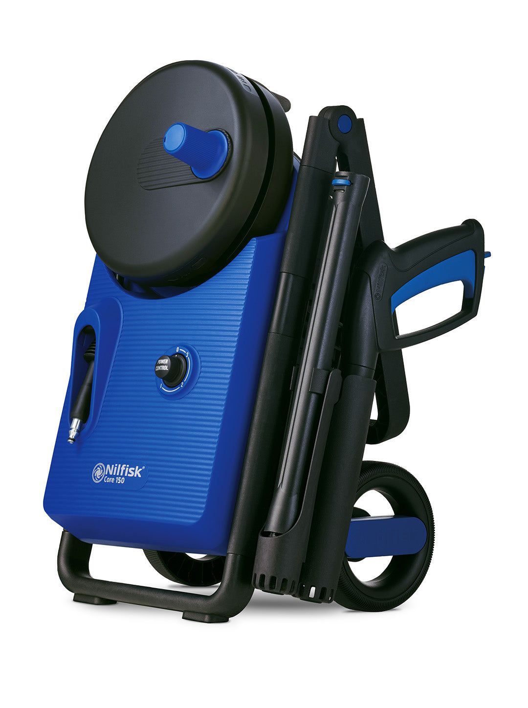 Blue high-pressure washer with black components by Nilfisk featuring compact design and wheels.